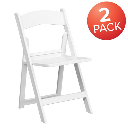 Two white resin folding chairs from HERCULES Series with slatted seats, 1000 lb. capacity, by Start2Finish.