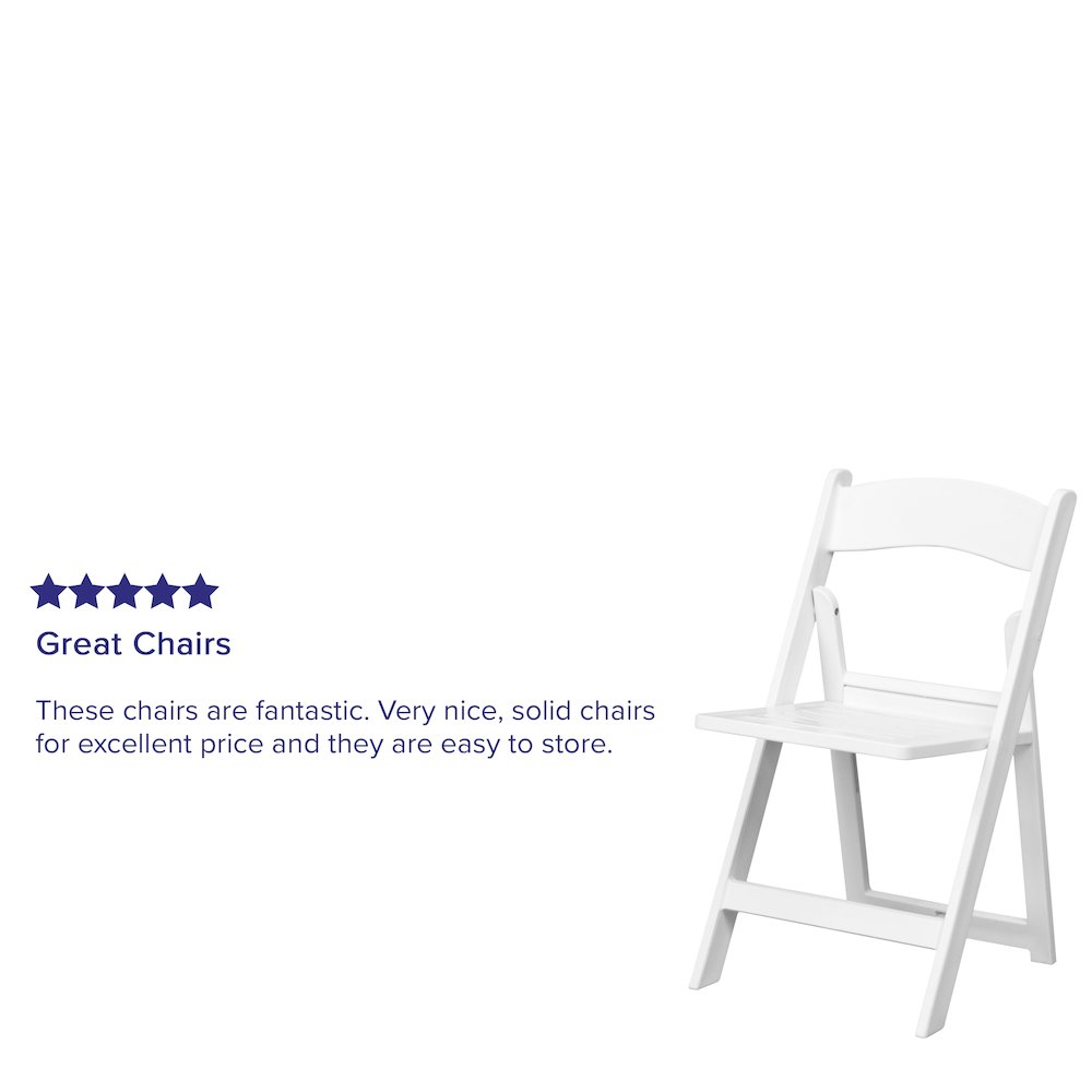 Two white resin folding chairs from HERCULES Series with slatted seats, 1000 lb. capacity, by Start2Finish.