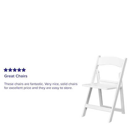 Two white resin folding chairs from HERCULES Series with slatted seats, 1000 lb. capacity, by Start2Finish.
