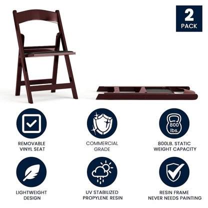 Two red mahogany resin folding chairs with black padded vinyl seats from HERCULES Series, 1000 lb. capacity, by Start2Finish.