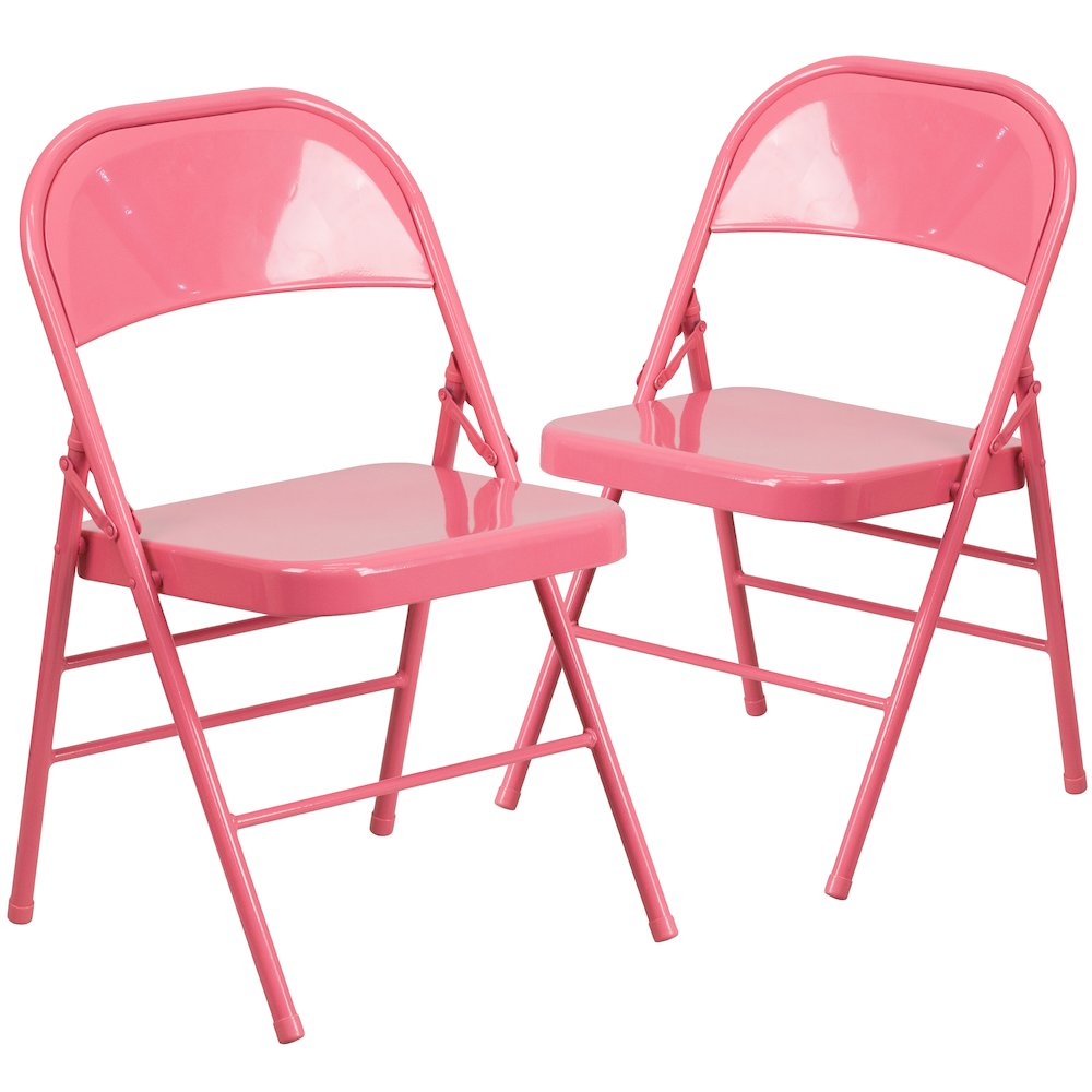 Bubblegum pink metal folding chairs with triple braces and double hinges, shown in a set of two, by Start2Finish.