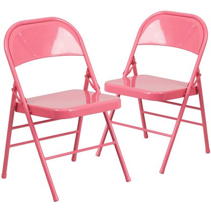 Bubblegum pink metal folding chairs with triple braces and double hinges, shown in a set of two, by Start2Finish.