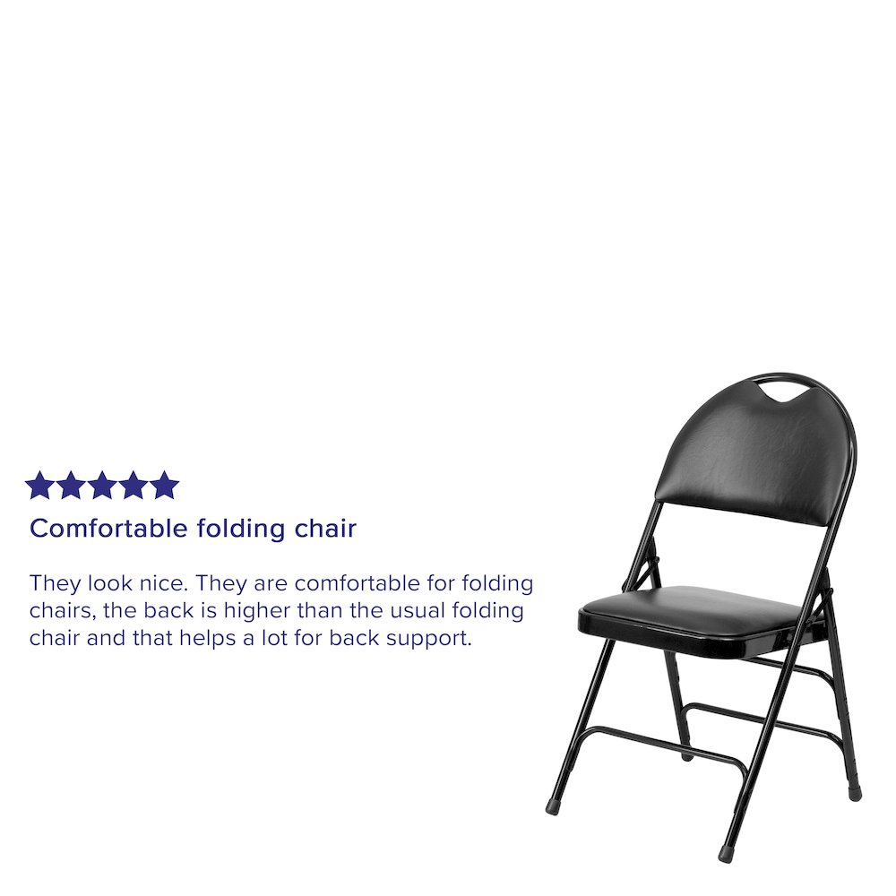 Two black vinyl HERCULES Series folding chairs with triple-braced metal frames and easy-carry handles, designed for durable furniture use.