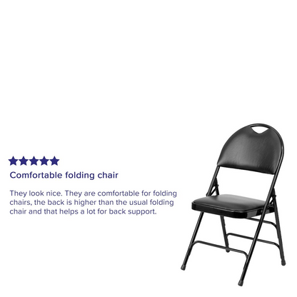 Two black vinyl HERCULES Series folding chairs with triple-braced metal frames and easy-carry handles, designed for durable furniture use.