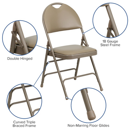 Two beige HERCULES Series vinyl folding chairs with triple bracing and easy-carry handles, ideal for versatile seating.