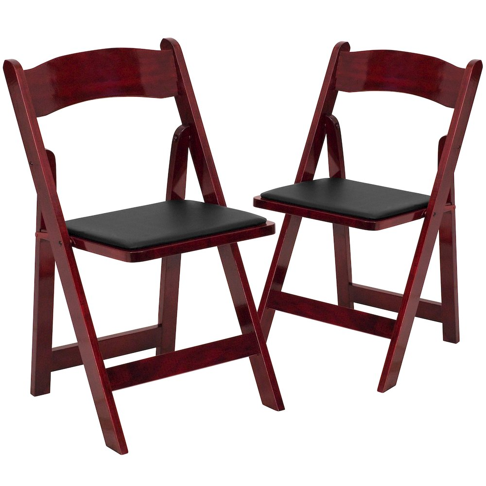 Two HERCULES Series mahogany wood folding chairs with vinyl padded seats, showcasing sturdy frames and comfortable seating.