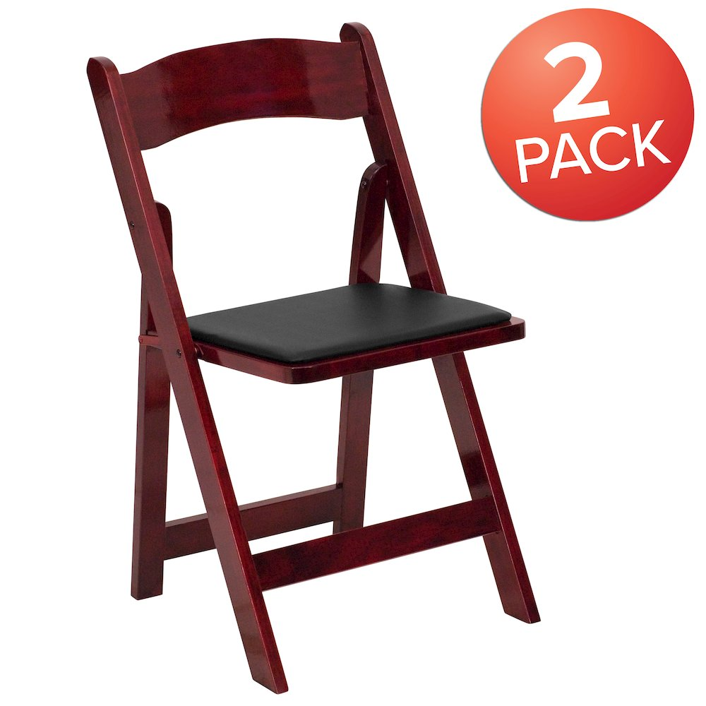 Two Start2Finish HERCULES Series mahogany wood folding chairs with vinyl padded seats, shown stacked and ready for use.