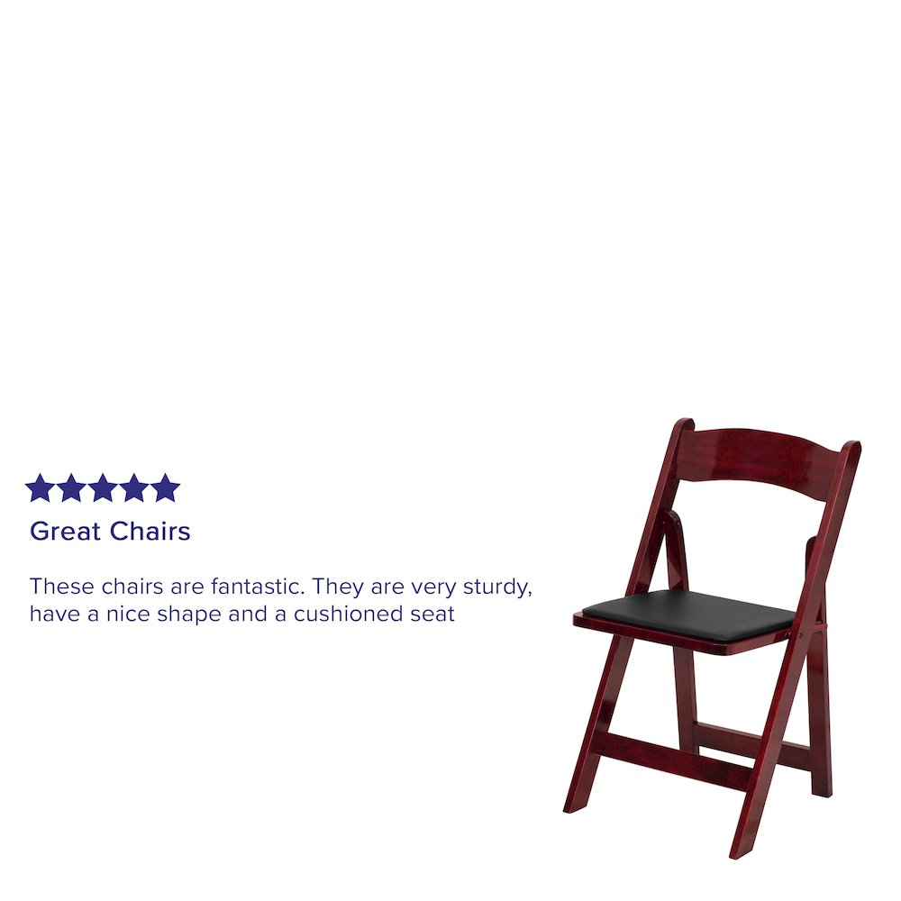 Two Start2Finish Hercules Series mahogany wood folding chairs with vinyl padded seats, shown folded and standing side by side.