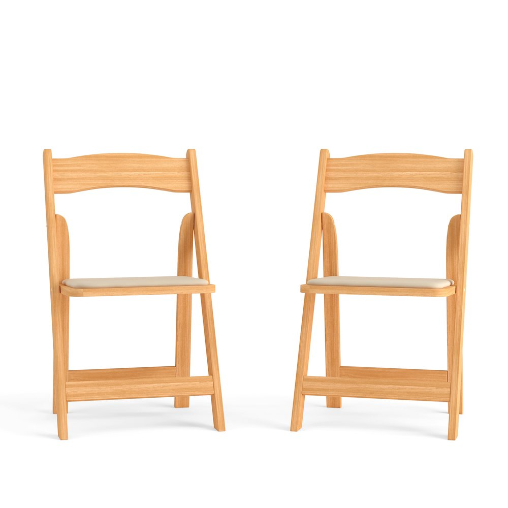 Two Start2Finish Hercules Series natural wood folding chairs with vinyl padded seats, shown in a folded and unfolded position.