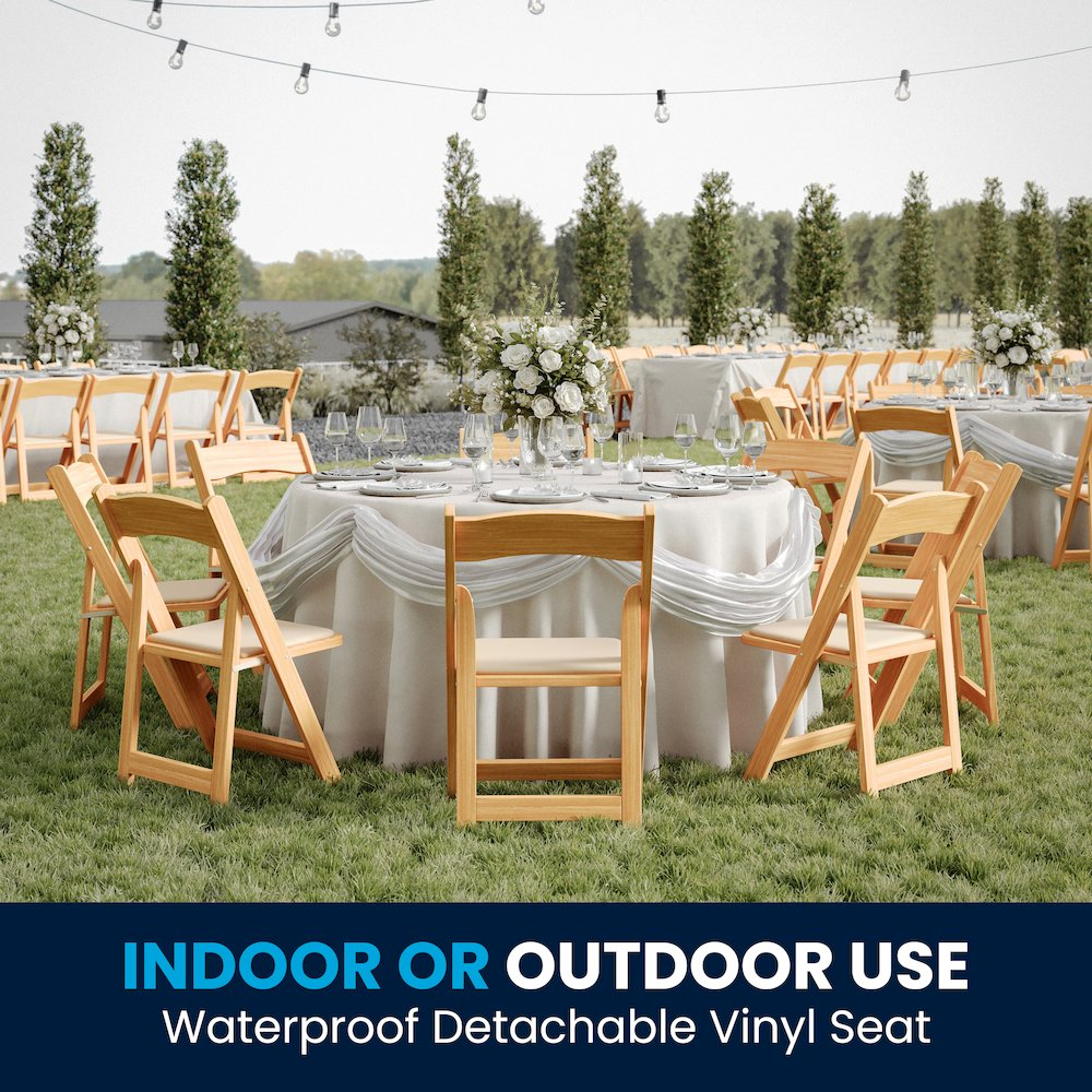 Two Start2Finish Hercules Series natural wood folding chairs with vinyl padded seats, shown folded and unfolded for seating comfort.