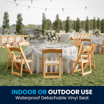 Two Start2Finish Hercules Series natural wood folding chairs with vinyl padded seats, shown folded and unfolded for seating comfort.