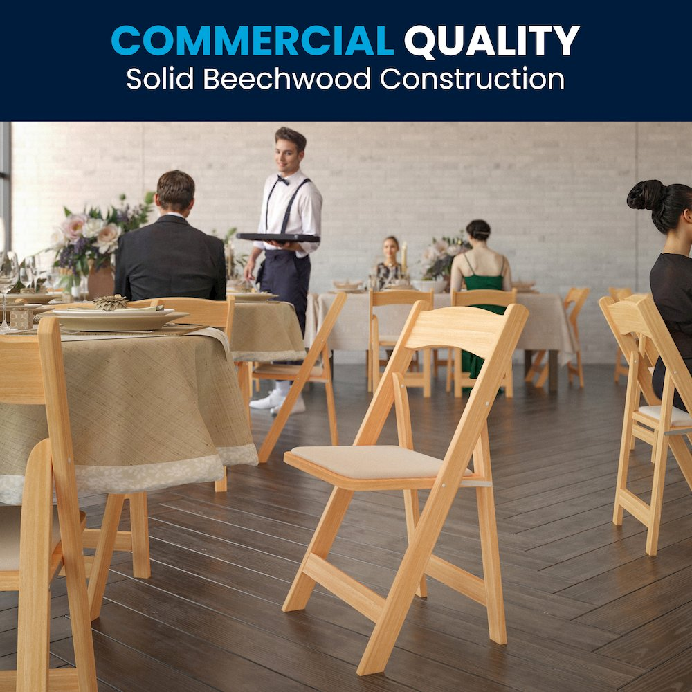 Two HERCULES Series natural wood folding chairs with vinyl padded seats, lightweight furniture by Start2Finish, shown in a ready-to-use setup.