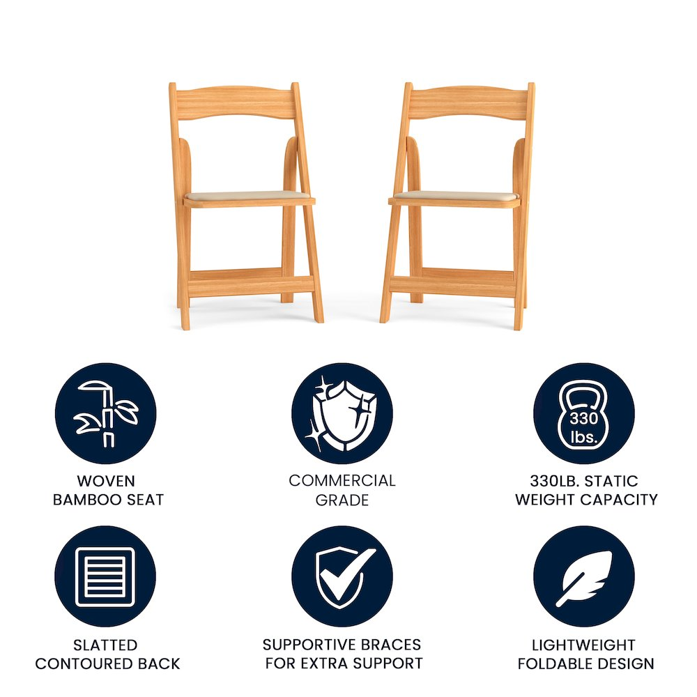 Two Start2Finish Hercules Series natural wood folding chairs with vinyl padded seats, featuring sturdy frames and comfortable seating.