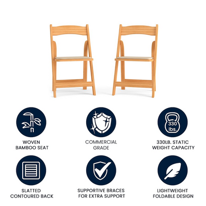 Two Start2Finish Hercules Series natural wood folding chairs with vinyl padded seats, featuring sturdy frames and comfortable seating.