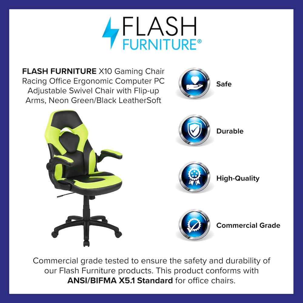 Start2Finish X10 Gaming Racing Office Chair in neon green and black with a swivel base, ergonomic design, and padded armrests.