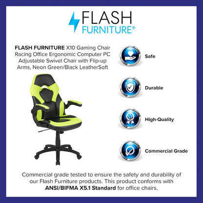 Start2Finish X10 Gaming Racing Office Chair in neon green and black with a swivel base, ergonomic design, and padded armrests.