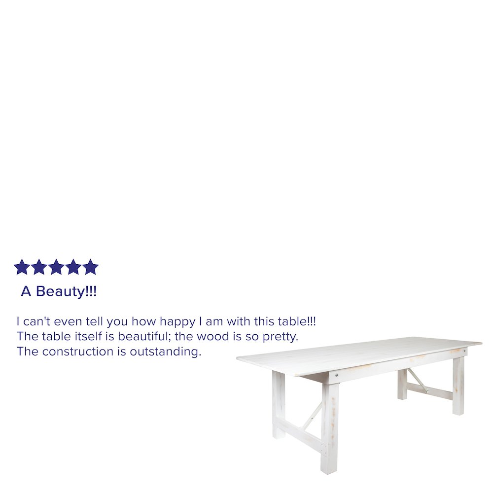 Antique rustic white solid pine rectangular folding farm table, 8 feet by 40 inches, with sturdy legs and a vintage finish.