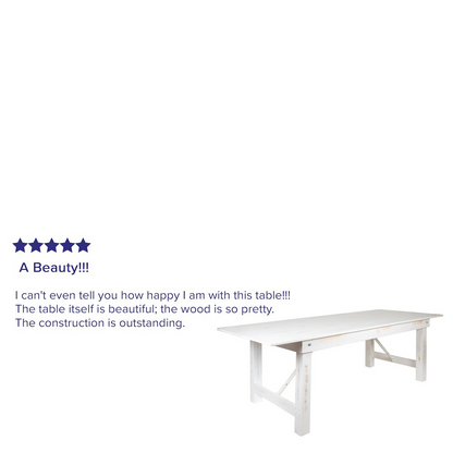 Antique rustic white solid pine rectangular folding farm table, 8 feet by 40 inches, with sturdy legs and a vintage finish.
