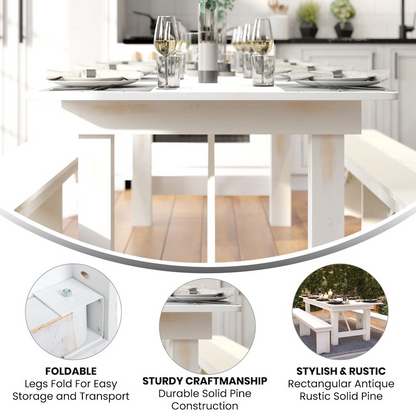 Rustic white solid pine rectangular farm table, 8 feet by 40 inches, with foldable design from Start2Finish.
