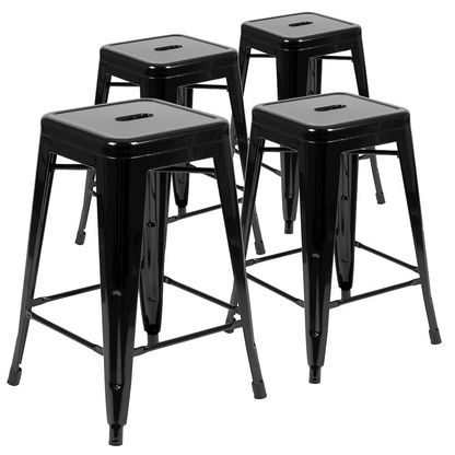 Set of four black 24-inch metal counter-height indoor bar stools by Start2Finish, stackable and modern with sleek design.