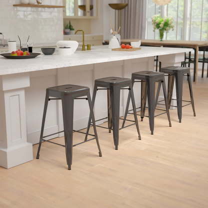 Set of four black 24-inch metal counter-height indoor bar stools by Start2Finish, stackable with sleek modern design.