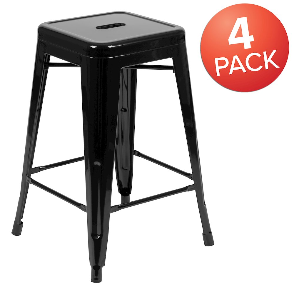Set of four black 24-inch metal counter-height indoor bar stools by Start2Finish, stackable with modern design.
