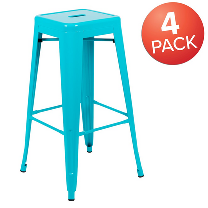 Set of four 30-inch teal metal indoor bar stools by Start2Finish, stackable design for kitchen or bar area.