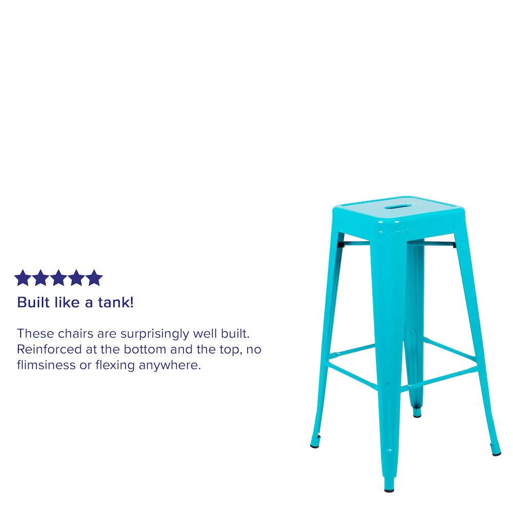 Set of four 30-inch teal metal indoor bar stools by Start2Finish, stackable with modern design and sturdy construction.