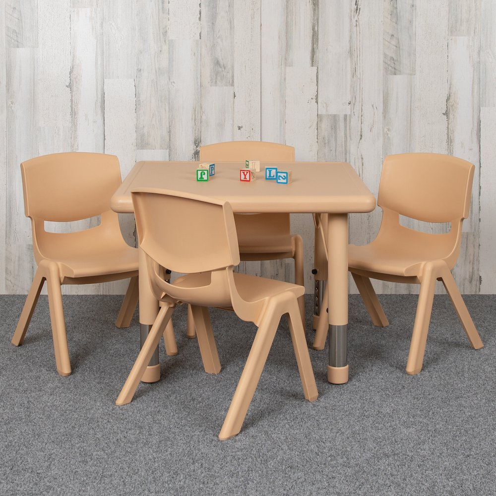 Start2Finish 24-inch square natural plastic activity table set with height-adjustable table and four matching chairs.