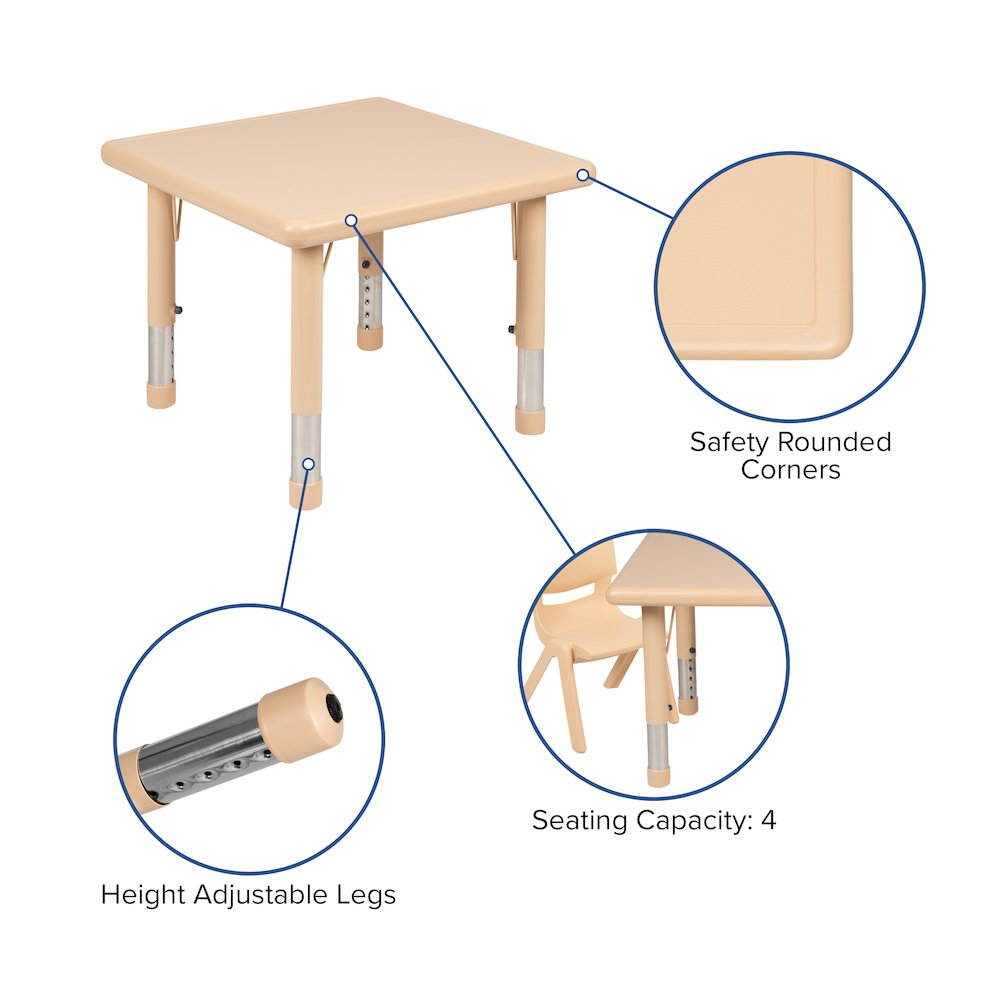 Start2Finish 24-inch square natural plastic activity table set with height-adjustable table and four matching chairs for kids.