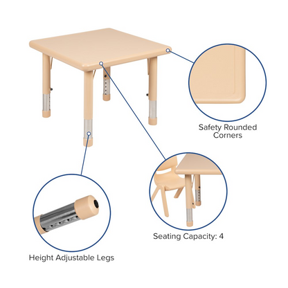 Start2Finish 24-inch square natural plastic activity table set with height-adjustable table and four matching chairs for kids.