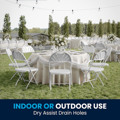 Two white plastic fan back folding chairs with 650 lb. capacity, ideal for versatile furniture and outdoor seating.