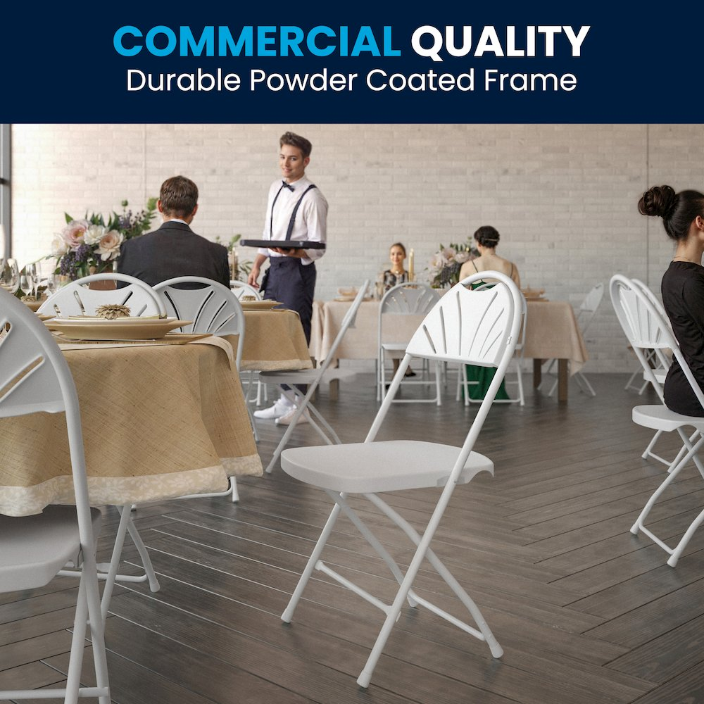 Two white plastic fan back folding chairs with sturdy frames and folding design, ideal for outdoor or indoor seating.