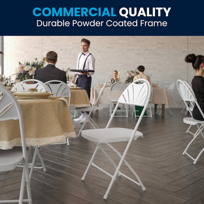 Two white plastic fan back folding chairs with sturdy frames and folding design, ideal for outdoor or indoor seating.