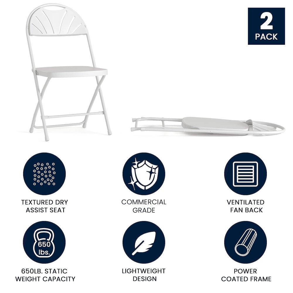 Two white plastic fan back folding chairs with sturdy frames, ideal for indoor and outdoor furniture, by Start2Finish.