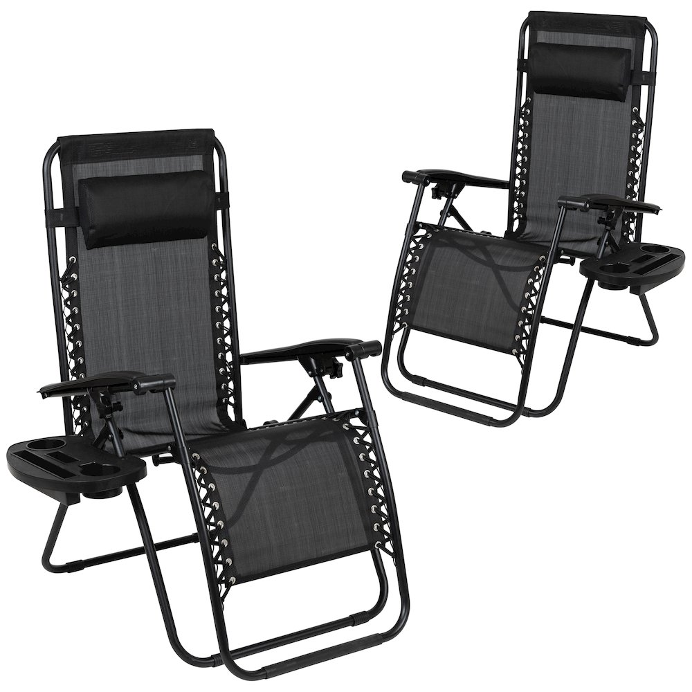 Pair of black adjustable folding mesh zero gravity lounge chairs with pillows and cup holder trays by Start2Finish.
