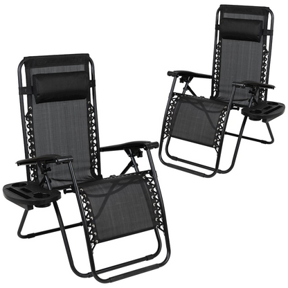 Pair of black adjustable folding mesh zero gravity lounge chairs with pillows and cup holder trays by Start2Finish.