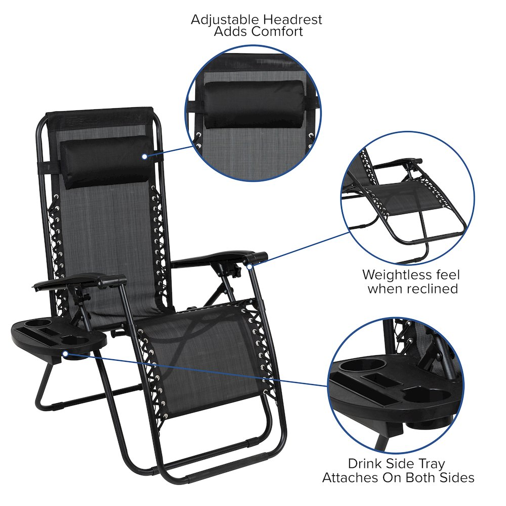 Set of 2 black adjustable mesh zero gravity lounge chairs with pillows and cup holder trays, ideal for outdoor relaxation.