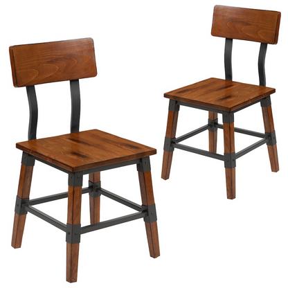 Two rustic antique walnut industrial wood dining chairs with metal accents, featuring a vintage design and sturdy construction.