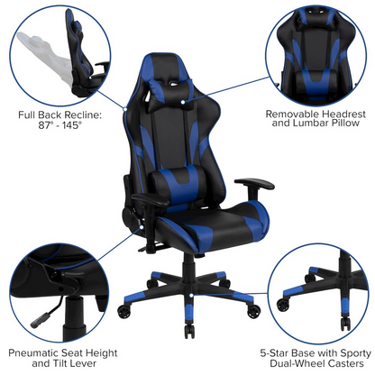 Start2Finish gaming desk with black surface and blue accents, paired with a matching blue and black reclining gaming chair.