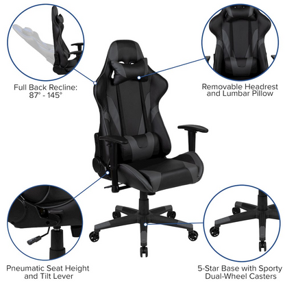 Start2Finish black gaming desk and gray reclining gaming chair set with sleek furniture design and ergonomic features.
