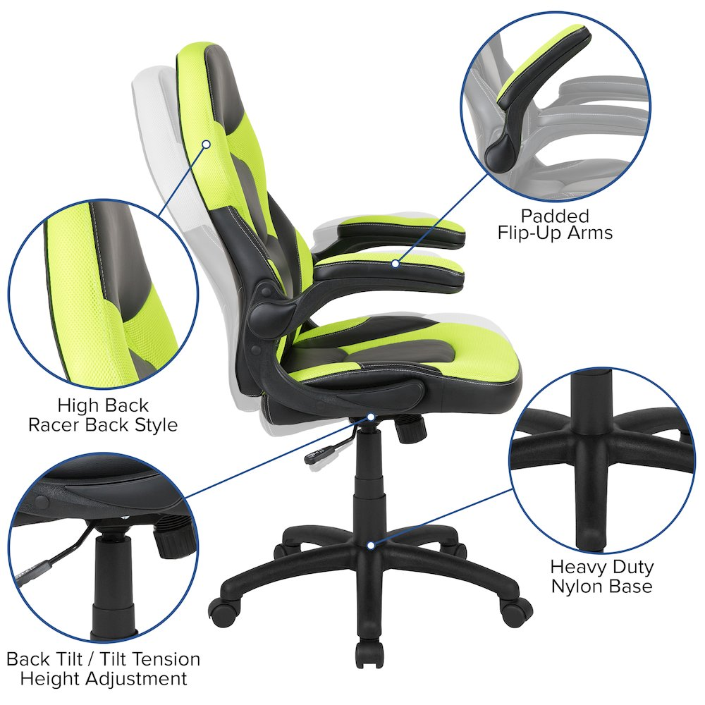 Start2Finish black gaming desk with green and black racing chair set, featuring a spacious surface and ergonomic design.