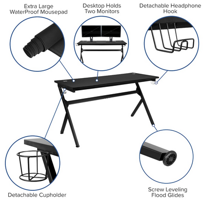 Start2Finish gaming desk and blue/black racing chair set with sleek furniture design and ergonomic features.