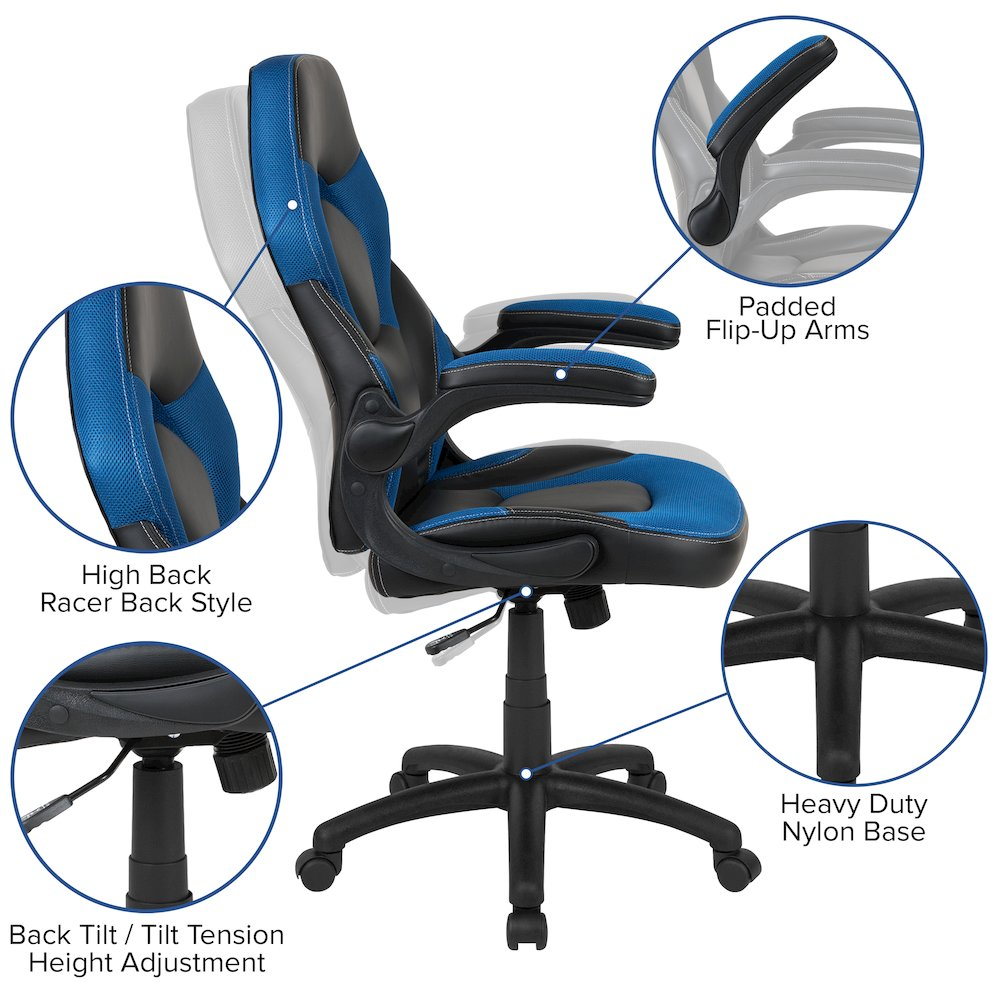 Start2Finish gaming desk with blue and black racing chair set, featuring a spacious desk and ergonomic gaming chairs.