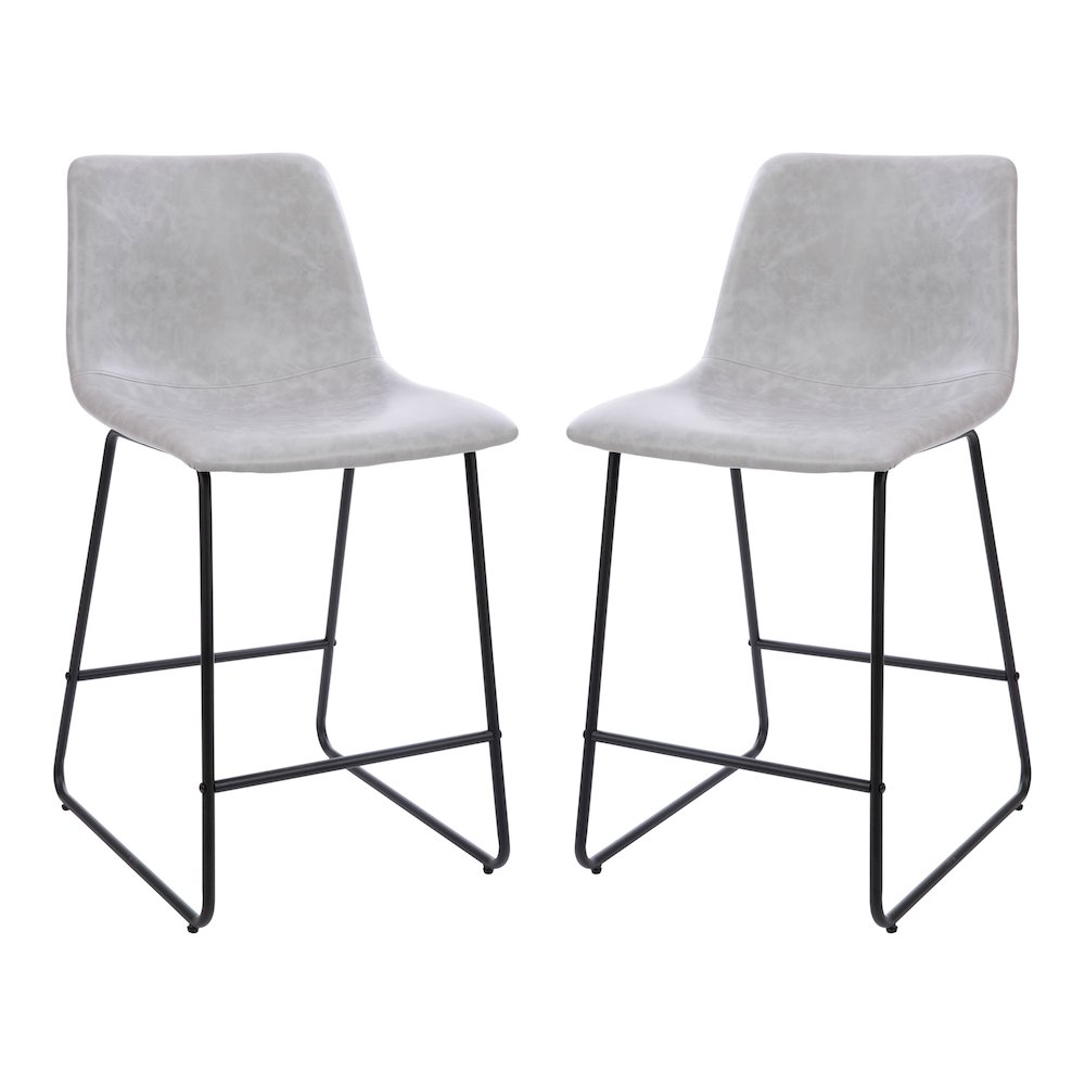 Set of 2 Light Gray LeatherSoft counter height barstools with wooden legs and backrests, designed for kitchen or bar area.
