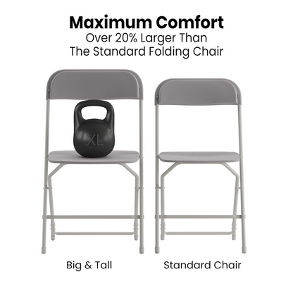 Four gray Hercules Series 4 Pack plastic folding chairs by Start2Finish with contoured seats, commercial grade, suitable for big and tall users.
