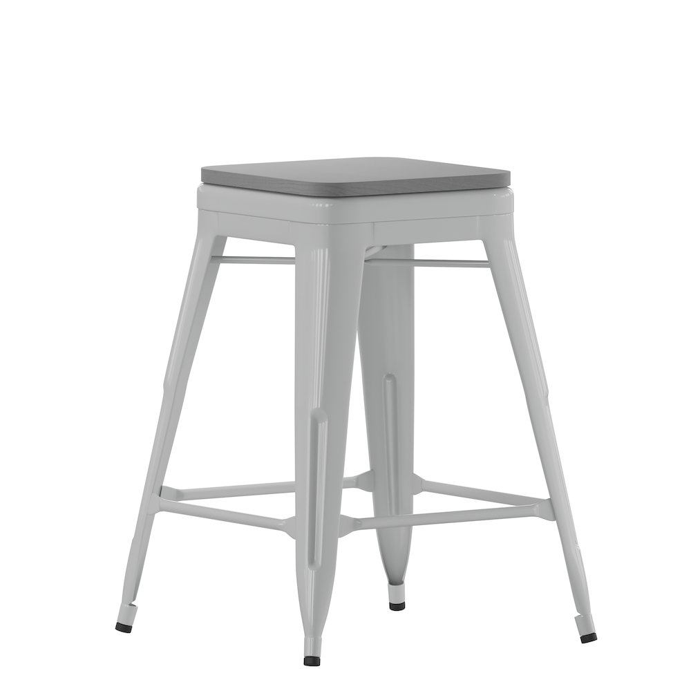 Set of four silver metal indoor counter height stools with high backless design and gray all-weather poly resin seats by Start2Finish