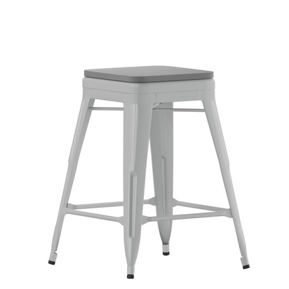 Set of four silver metal indoor counter height stools with high backless design and gray all-weather poly resin seats by Start2Finish
