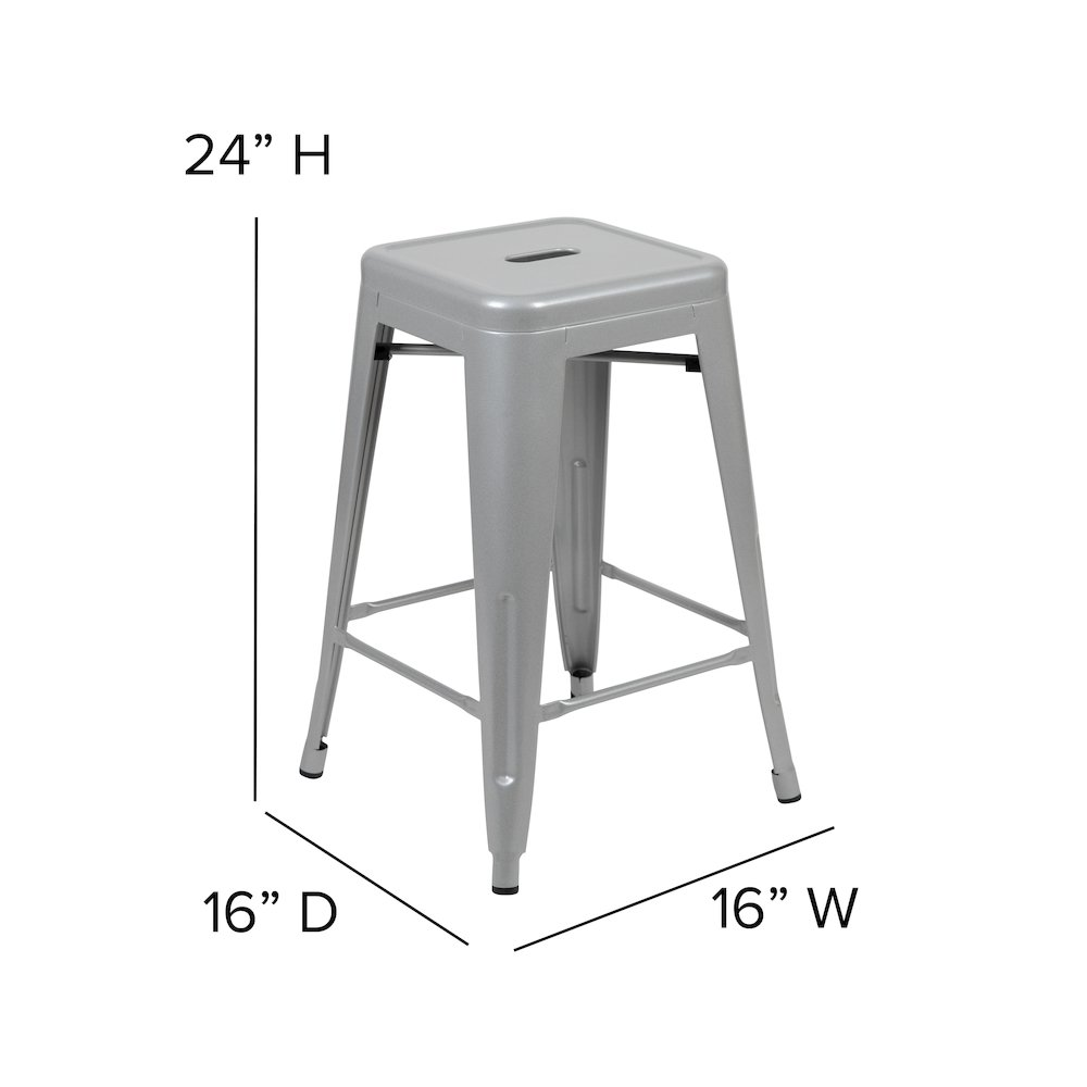 Set of 4 silver metal indoor counter height stools by Start2Finish with backless design and gray all-weather poly resin seats