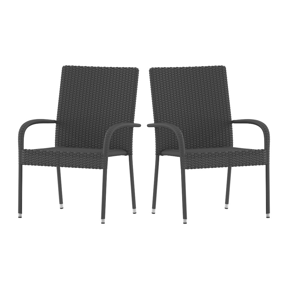 Set of two gray wicker dining chairs with armrests, weather-resistant steel frames, suitable for indoor and outdoor use.